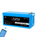 SunGold Power SGP24V100S Deep Cycle Lithium Battery displaying its black and sky-blue color scheme. It also displays its Bluetooth feature for monitoring available to the product.