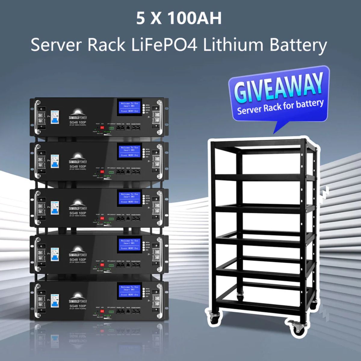 SunGold Power SGR-10K25S Off-Grid Solar Kit's 100AH LiFePO4 Server Rack Lithium Battery with server rack giveaway