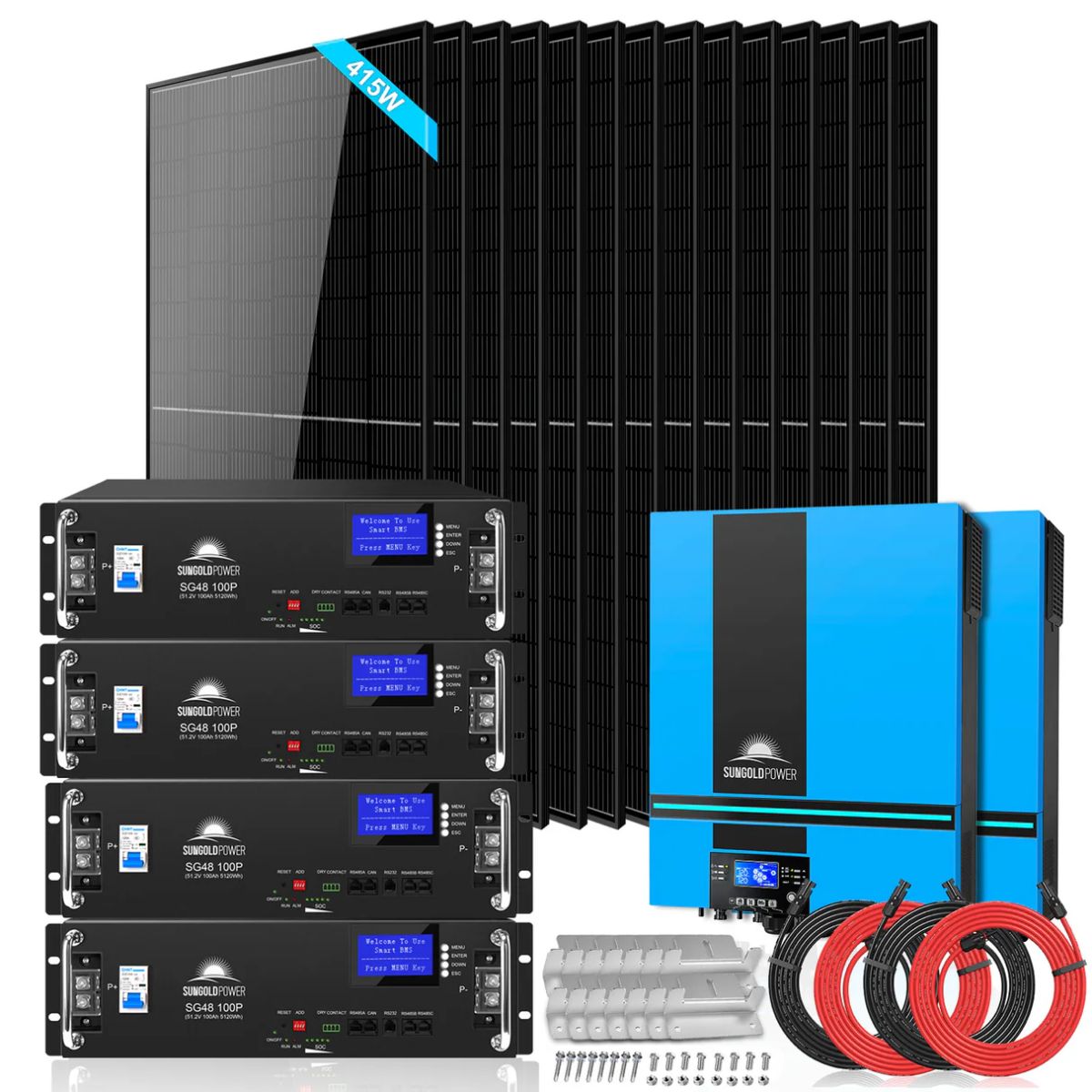 SunGold Power SGR-13KM Off-Grid Solar Kit included to the kit like the 14 x 415W solar panels, 2 x 6500 Watt 48V inverter, and 4 X 100AH server rack lithium battery