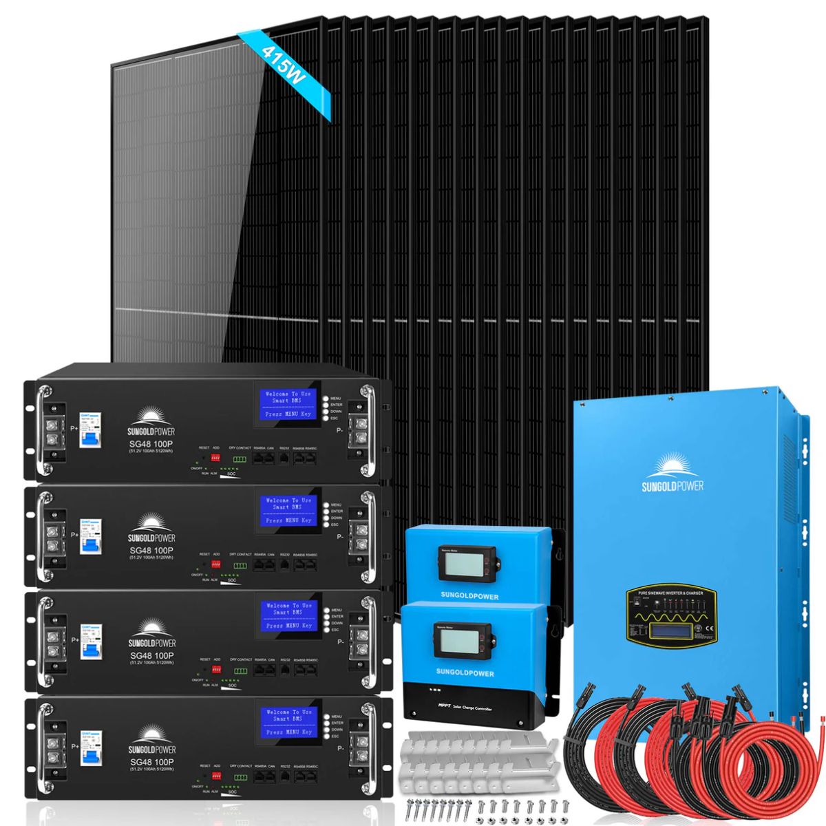 SunGold Power SGR-15k20E Off-Grid Solar Kit included to the kit like the 18 x 415W solar panels, 15000 Watt 48V inverter, 2 x 100A charge controller  and 4 X 100AH server rack lithium battery