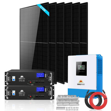 SunGold Power SGR-5KE Off-Grid Solar Kit  included to the kit like the 6 x 415W solar panels, 5000 Watt 48V inverter,  and 2 X 100AH server rack lithium battery