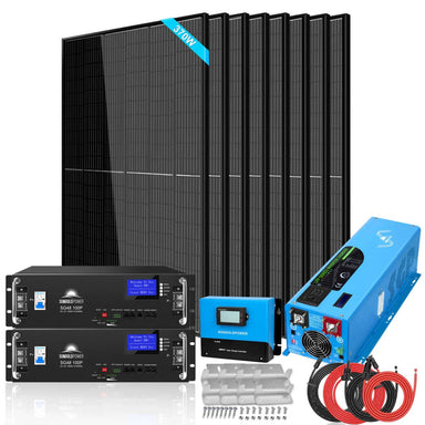SunGold Power SGR-6KL48C Off-Grid Solar Kit included to the kit like the 8 x 370W solar panels, 6000 Watt 48V inverter, 2 x 100A charge controller and 2 X 100AH server rack lithium battery