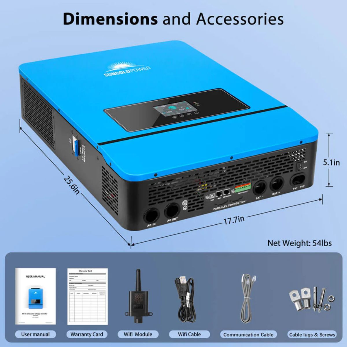 SunGold Power SPH10K48SP Solar Inverter Charger displaying its product dimensions and the accessories include to the main product