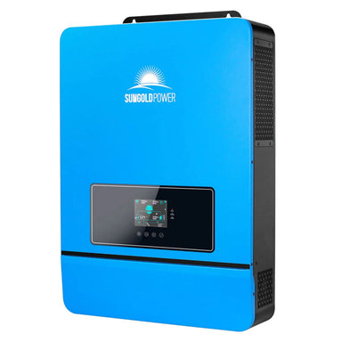 SunGold Power SPH10K48SP Solar Inverter Charger displaying its black and blue color scheme and its LCD display.