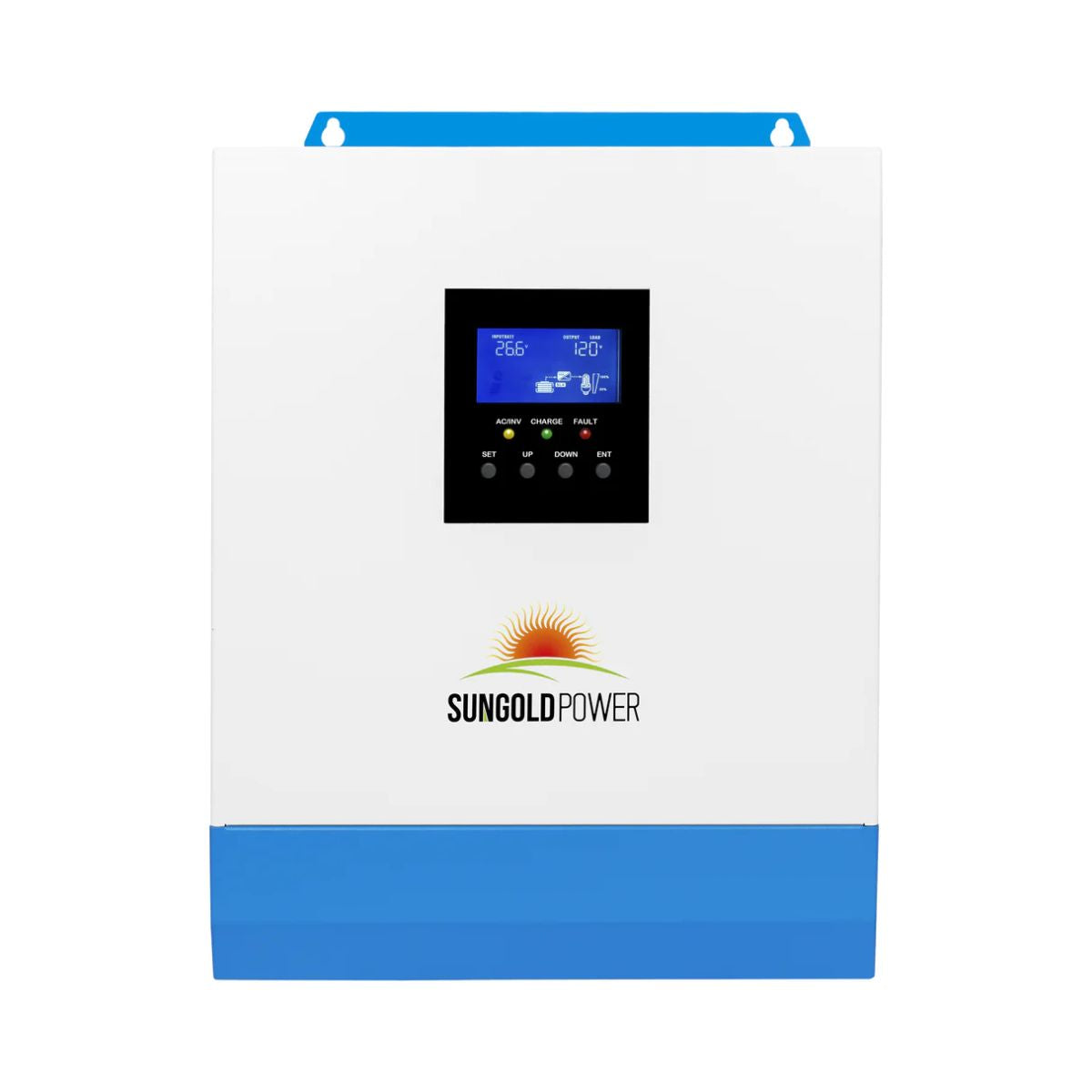 SunGold Power SPH302480A Solar Inverter Charger displaying its white and sky-blue color scheme and its LCD display.