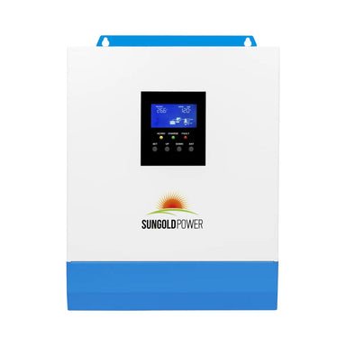 SunGold Power SPH302480A Solar Inverter Charger displaying its white and sky-blue color scheme and its LCD display.