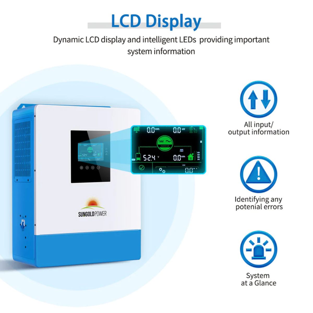 SunGold Power SPH5048P Solar Inverter Charger displaying its LCD display features.