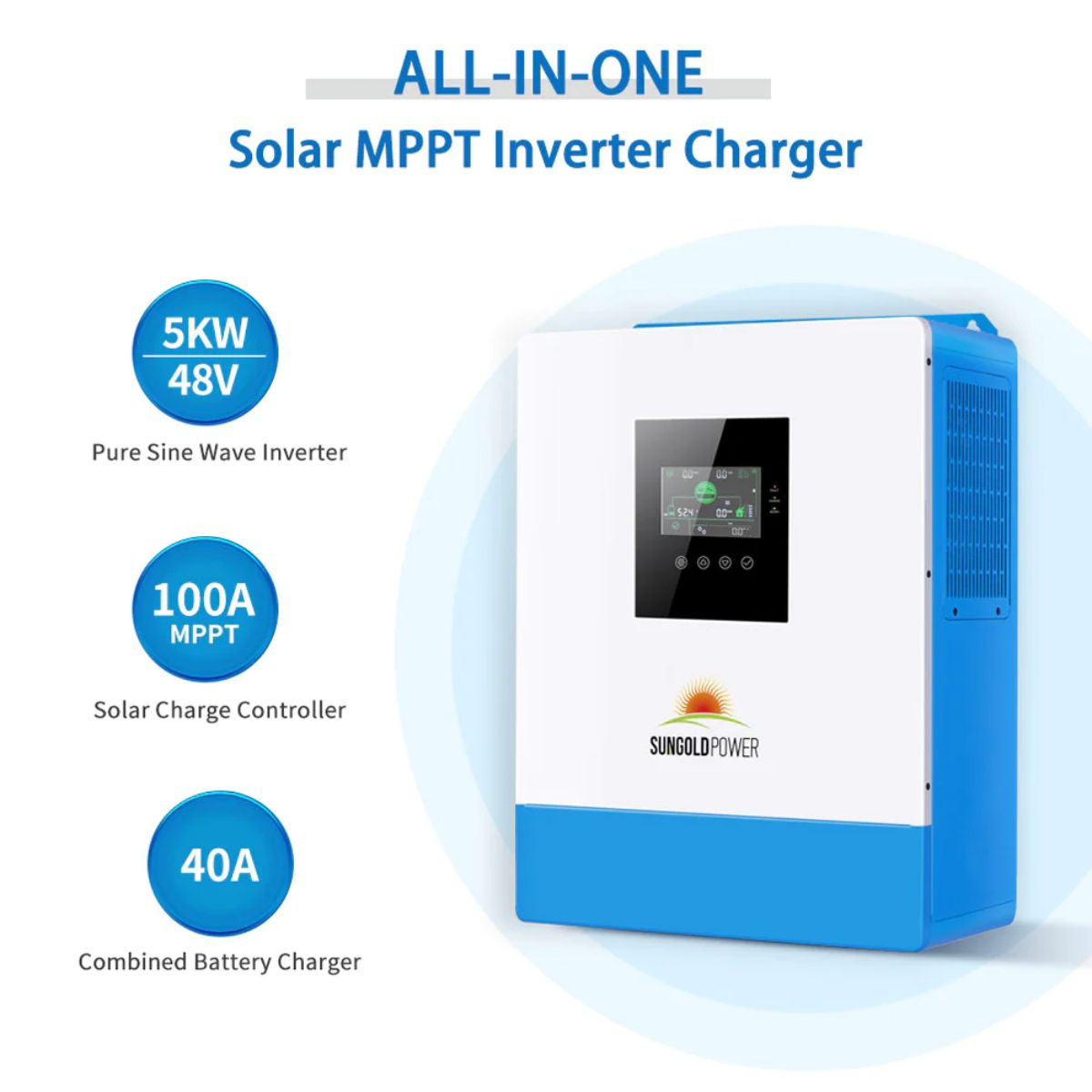 SunGold Power SPH5048P Solar Inverter Charger displaying its main product features.