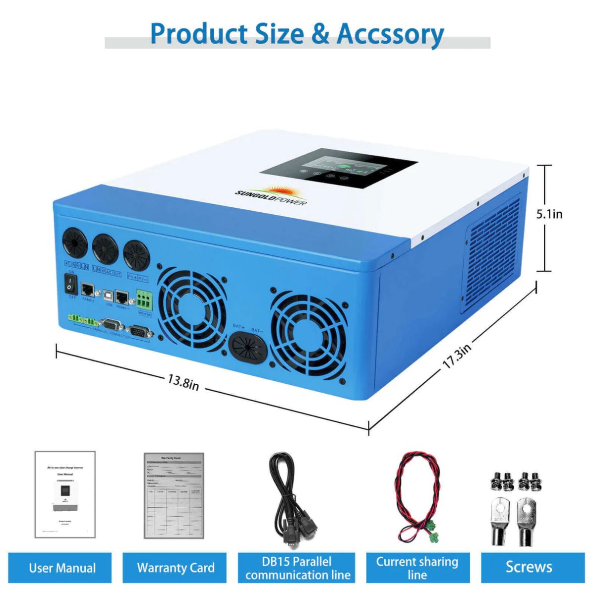 SunGold Power SPH5048P Solar Inverter Charger displaying the bottom side and displaying the product dimensions and the accessories included to the product.