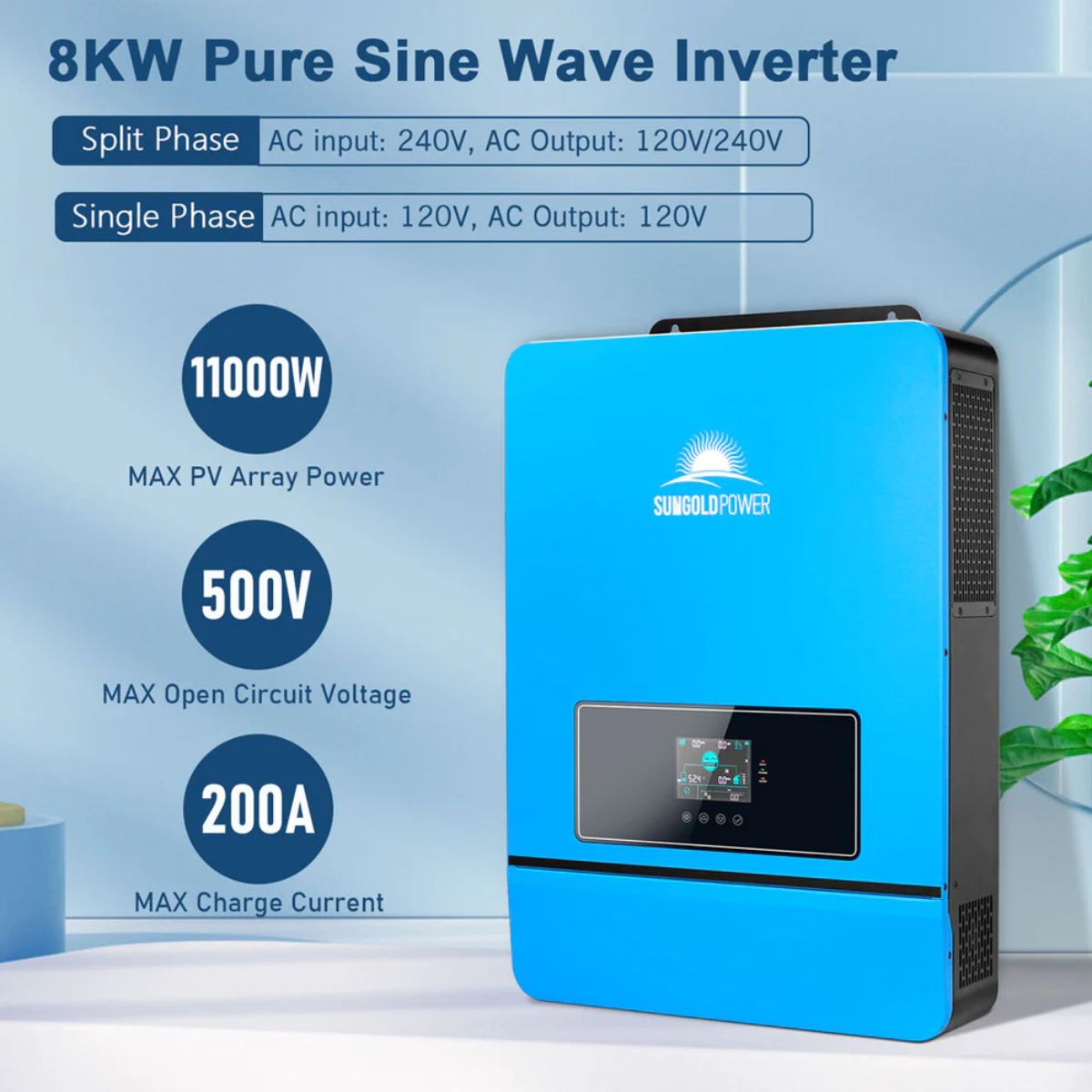 SunGold Power SPH8K48SP Solar Inverter Charger displaying its main product features.