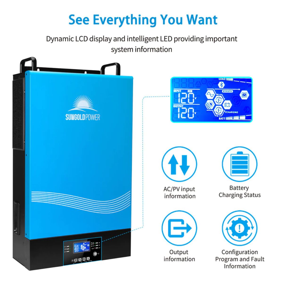 SunGold Power TP6048 Solar Inverter Charger displaying its LCD display features.