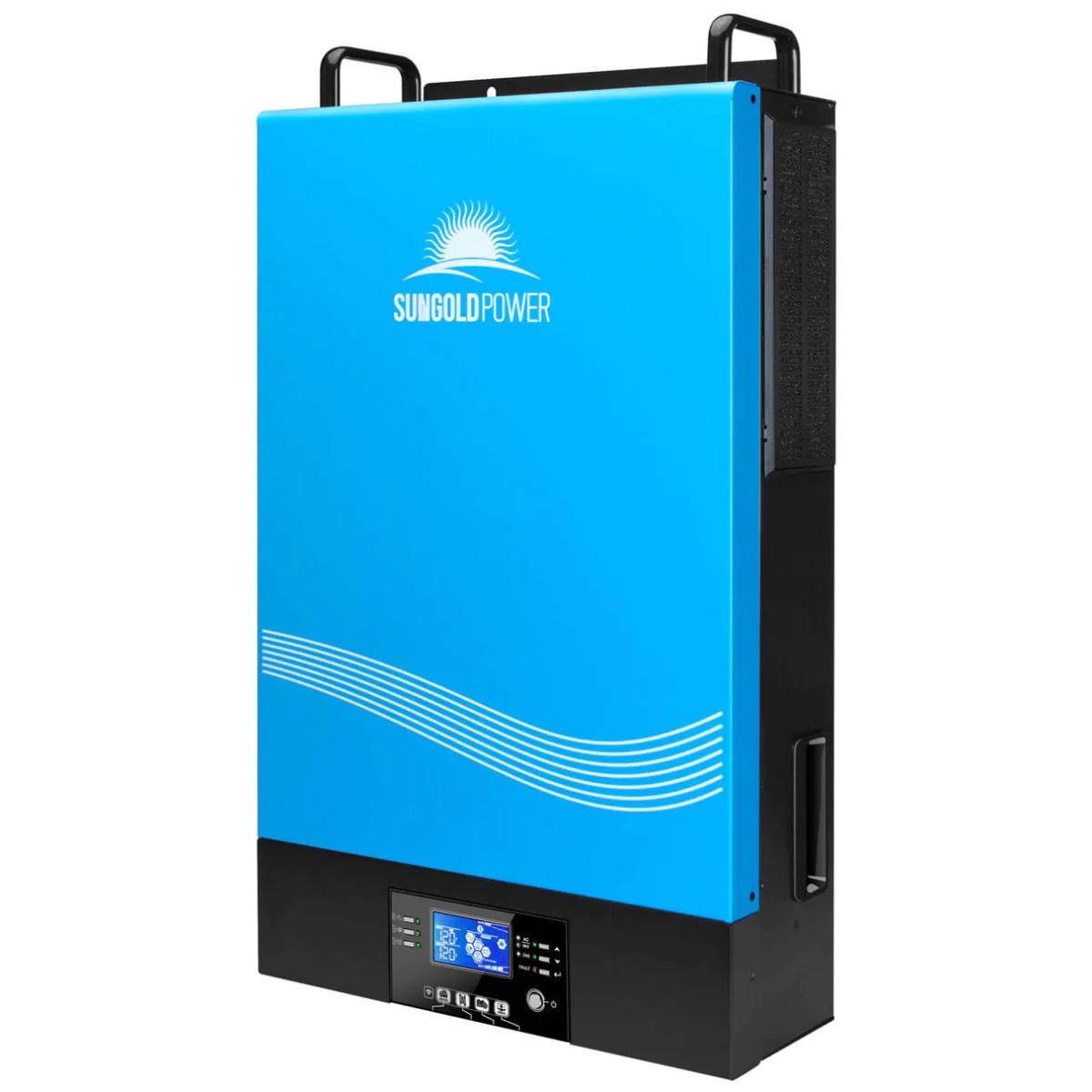 SunGold Power TP6048 Solar Inverter Charger displaying its black and blue color scheme and its LCD display.