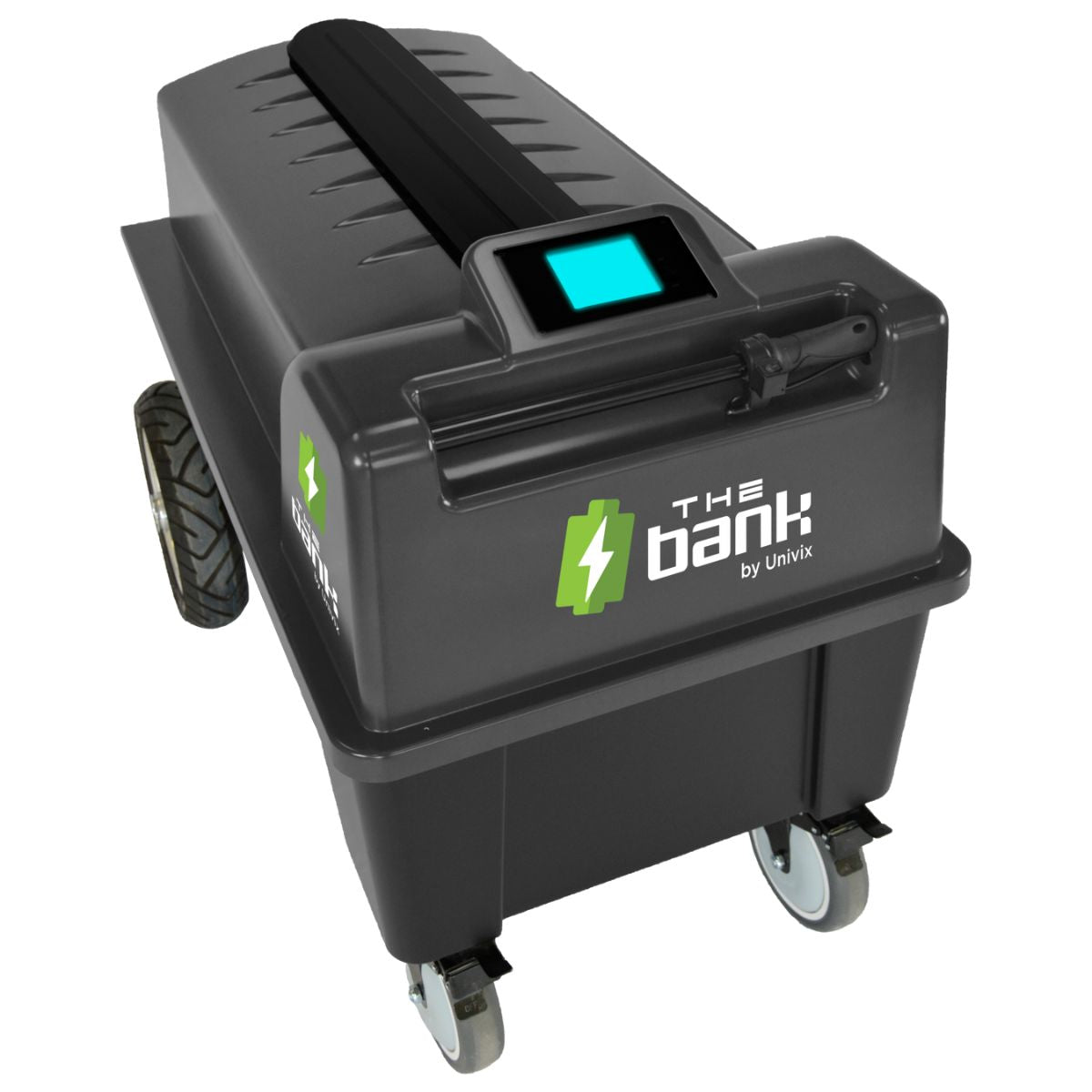 UNIVIX 12000 Bank w/Carbon Battery + Gen 2 Inverter displaying its tough and portable build with its 4-wheeled setup delivering power for any situations