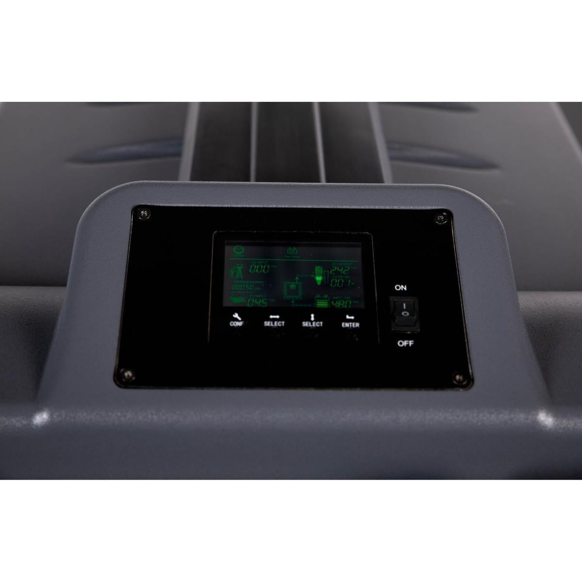 A focused view of the monitoring LCD display panel of UNIVIX 12000 Bank w/Carbon Battery + Gen 2 Inverter with its ON/OFF switch