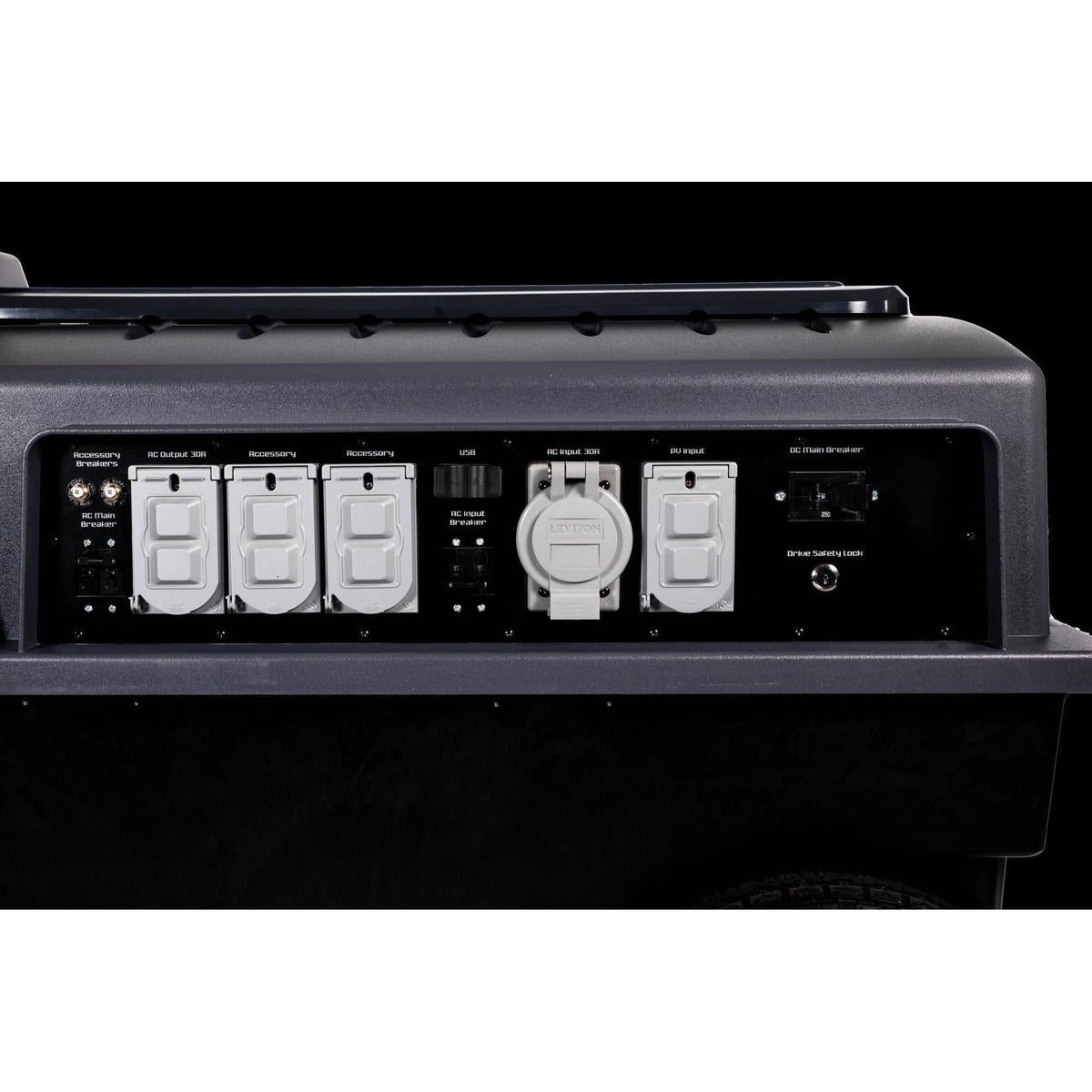 A focused view of the ports and control switches panel of UNIVIX 9000 Bank w/Carbon Battery + Gen 2 Inverter