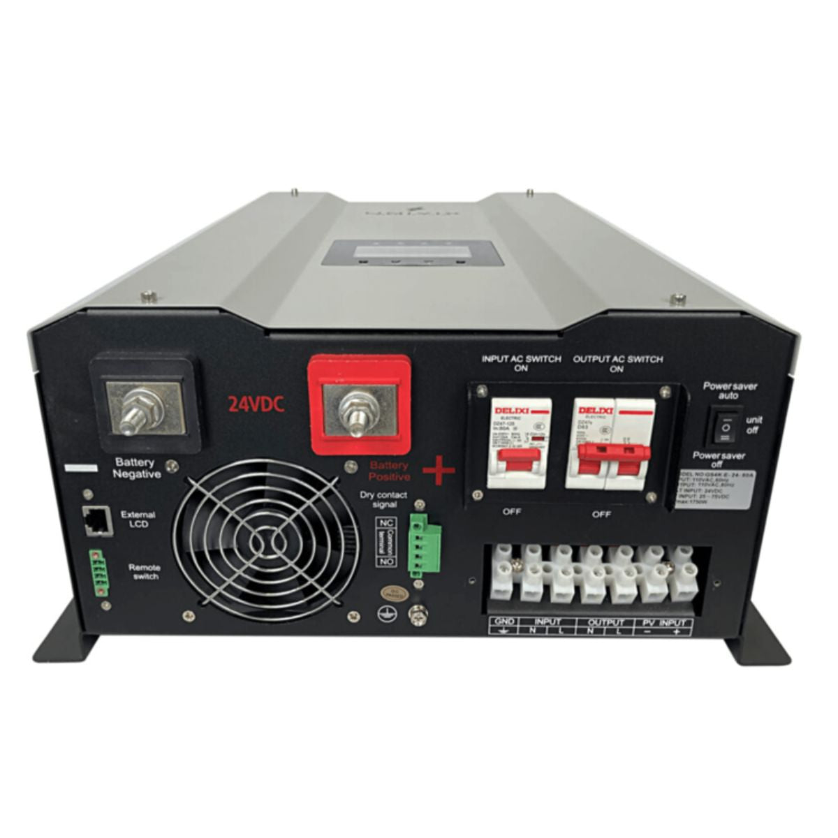 Bottom panel view of UNIVIX GS8000 8000W Hybrid Charger Inverter with 120A MPPT/50A AC Charge displaying its positive and negatice terminals, ports, control switches and fan air intake