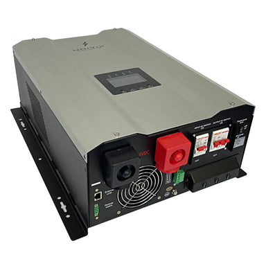 UNIVIX GS12000 12000W Hybrid Charger Inverter with 120A MPPT/70A AC Charge displaying its bulky and durable build with bottom fan air intake and control switches. Also LCD display at the front panel and air vents at side panels of the device