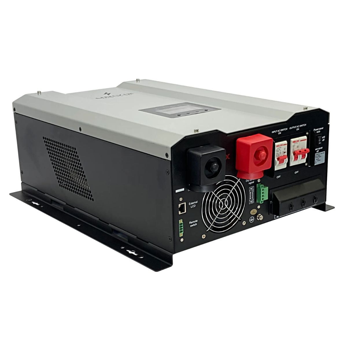 Tilted left side panel view of UNIVIX GS12000 12000W Hybrid Charger Inverter with 120A MPPT/70A AC Charge displaying its air vents for better temperature cooling