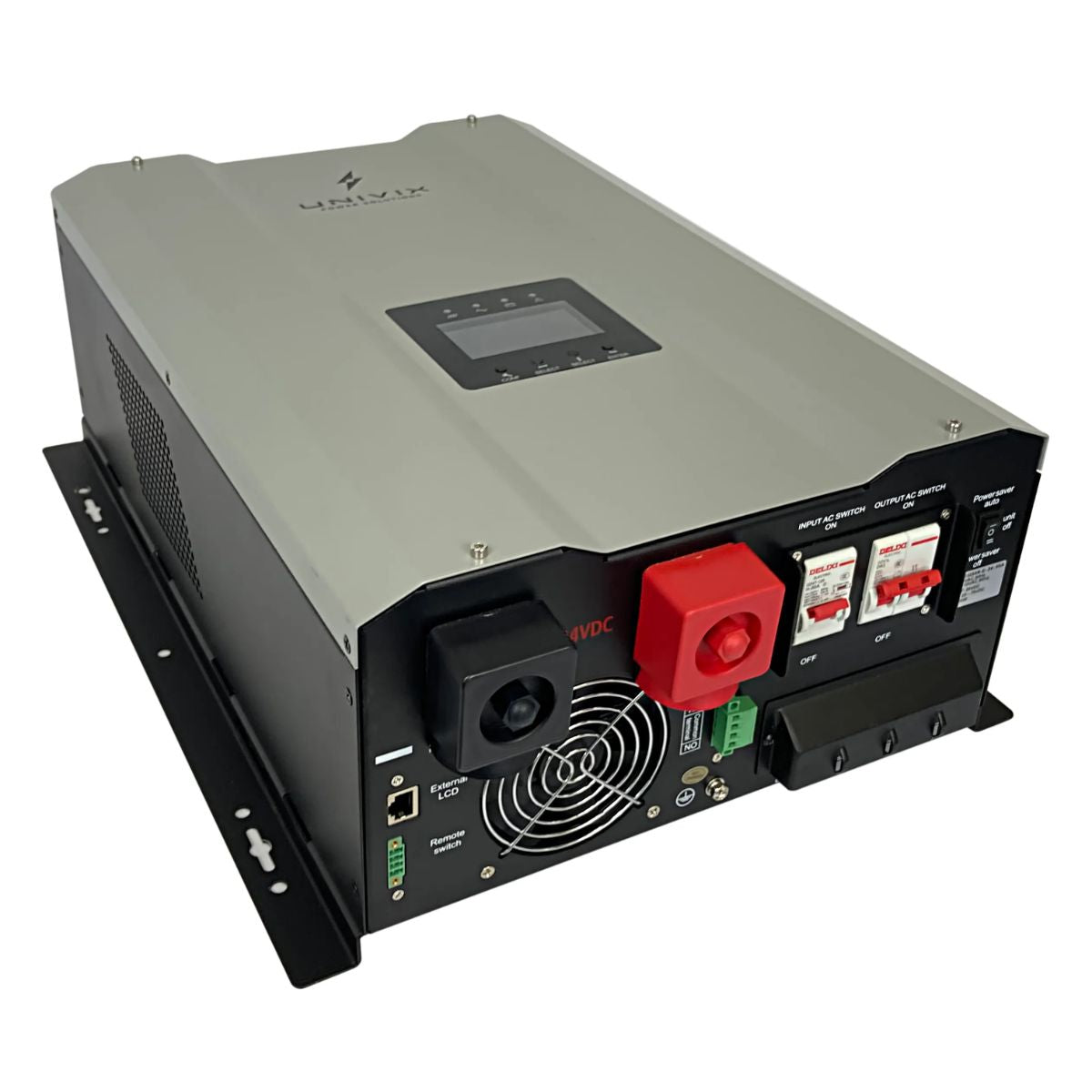 UNIVIX GS4000 4000W Hybrid Charger Inverter with 60A MPPT/42A AC Charge displaying its bulky and durable build with bottom fan air intake and control switches. Also LCD display at the front panel and air vents at side panels of the device