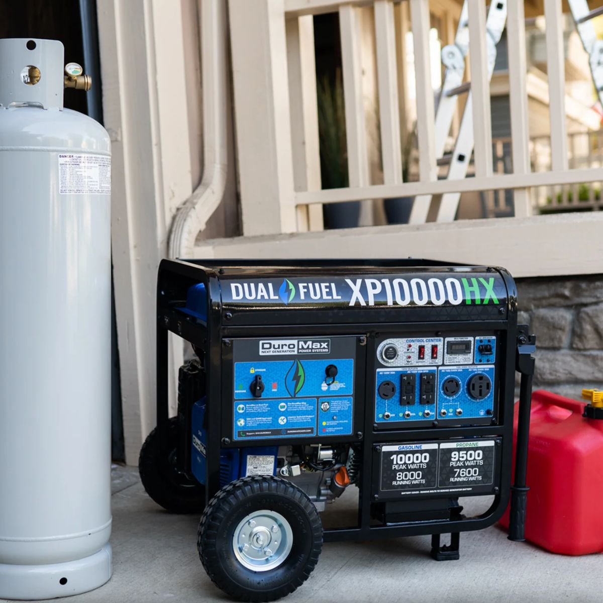 DuroMax XP10000HX featuring its Dual fuel  versatility with propane tank and gasoline