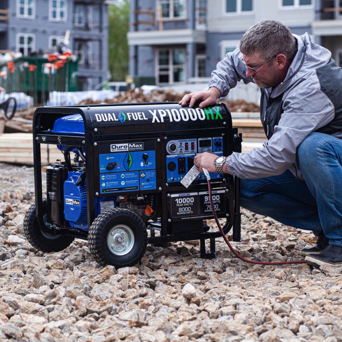 Setting up the DuroMax XP10000HX at the construction site